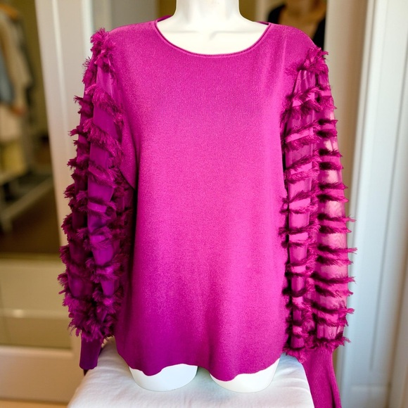 Sioni Sweaters - Sioni Magenta Fringed Sleeve Sweater Size L